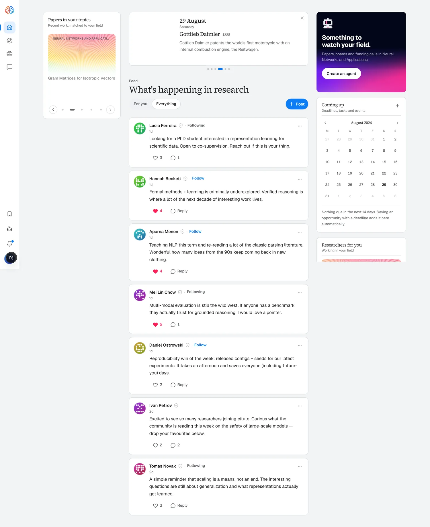 The pitute feed: a research timeline, a calendar of deadlines, and an agent that watches your field.