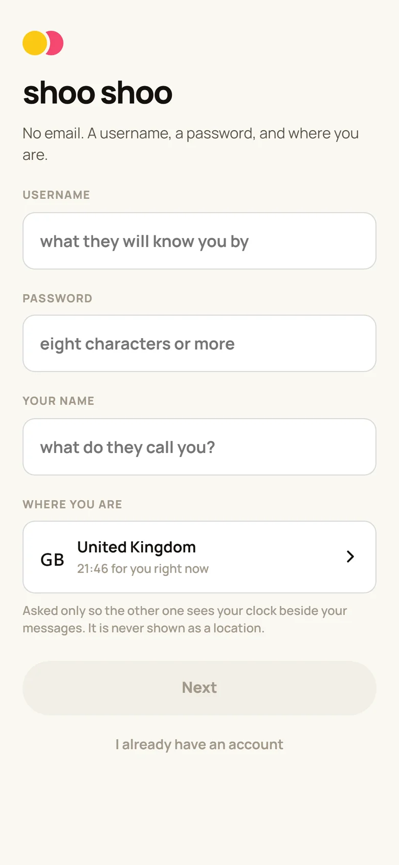 The shoo shoo sign up: a username, a password, your name, and where you are.